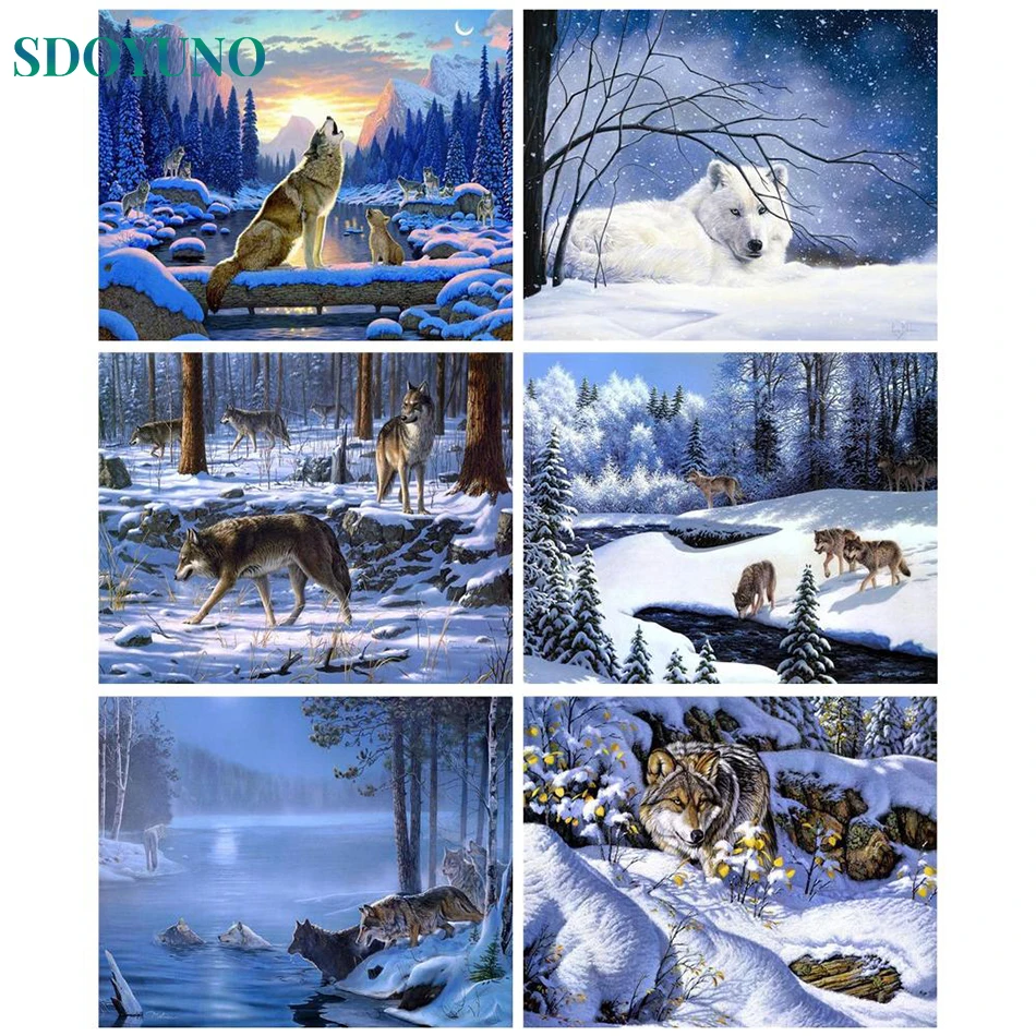 

SDOYUNO Picture By Number Wolf Oil Painting On Canvas Winter Landscape DIY Craft Kit For Adult Coloring By Numbers Home Decor