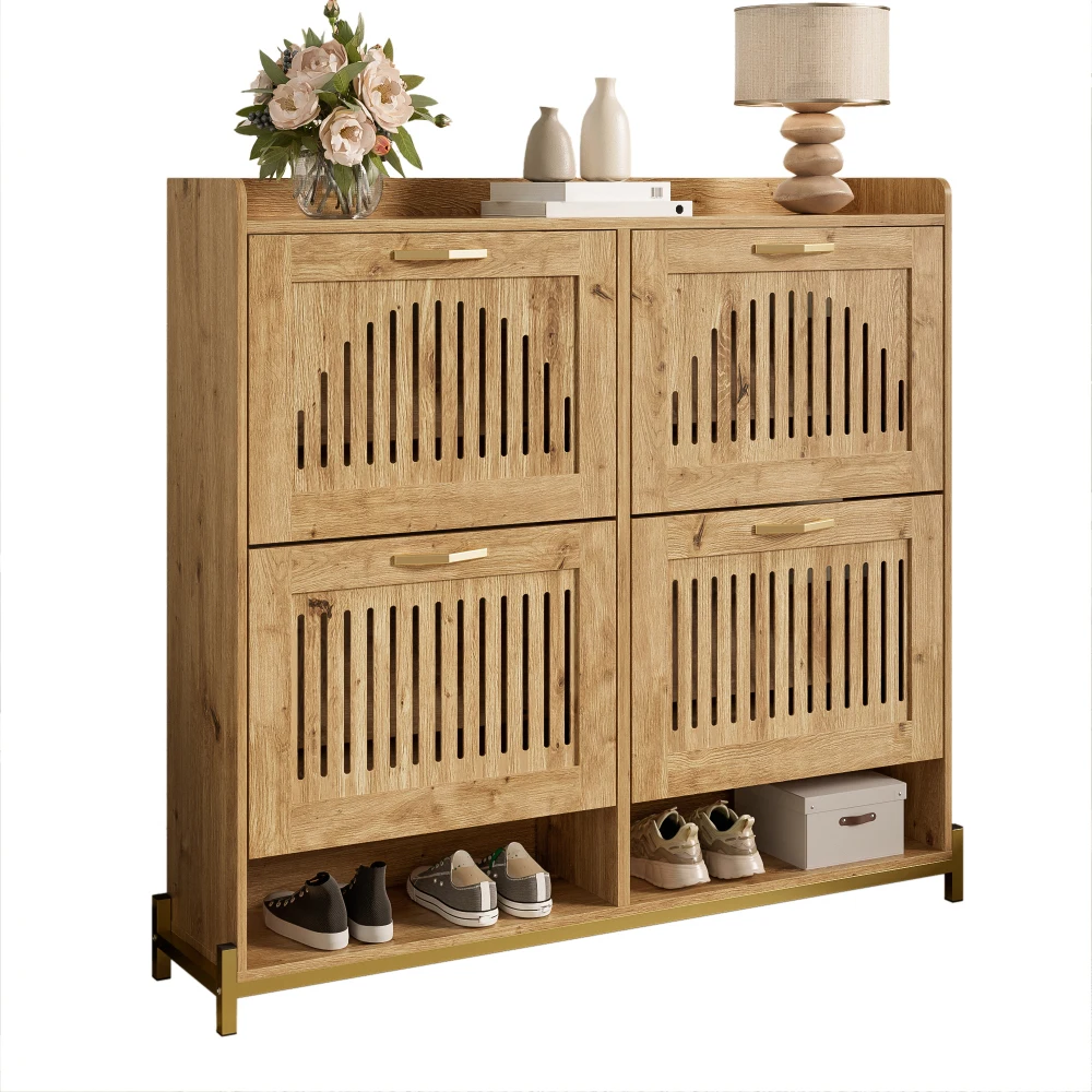 PINGGO Moderner Vertikaler Schuhschrank mit Lamellentüren Metallrahmen 4-Türiger Platzsparender Organizer für Flur Korridor – Detail 7