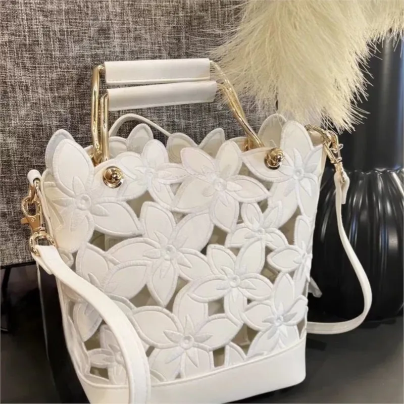 Elegant Gentle White Floral Handbag Women Cutout Embroidered Leather Shoulder Bags Ladies Summer Fashion High End Crossbody Bag
