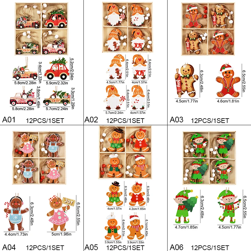 Christmas Wooden Pendant Gingerbread Man Xmas Tree Hanging Home Decora Christmas Party Decorations Navidad New Year 12Pcs