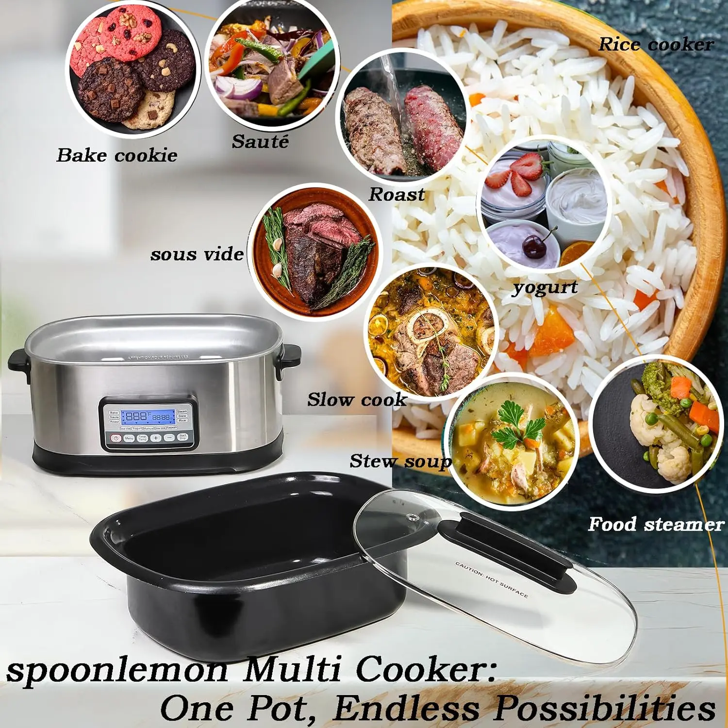 Cooker, Digital Programmable Slow Cooker With Bake, Sauté, Roast, and Sous Vide functions, 1500W Timer&Temp Control,Dishwasher S 2