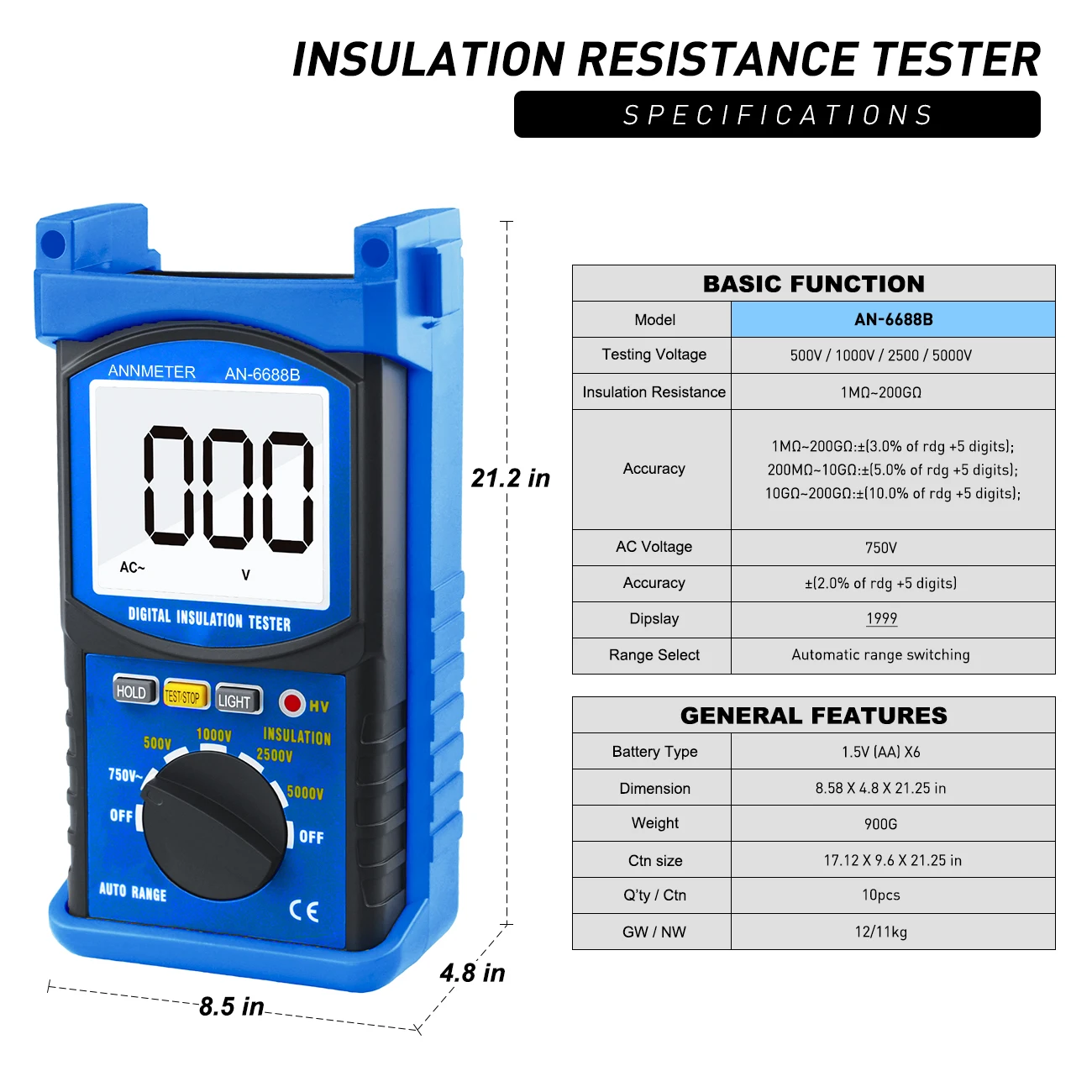 Megohmmeter 200 Gig Ohm Digital Insulation Resistance Tester 500V/1kV/2.5kV/5kV Auto Range Voltage Resistance Tester
