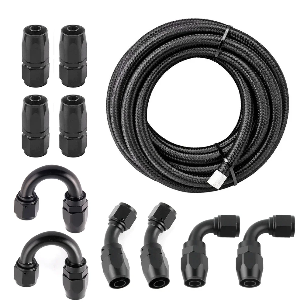 

16FT 10-AN 5/8" Tube Nylon Stainless Steel Braided CPE Black Fuel Line Fitting Kit with 10pcs Rotary Swivel Hose Ends Black