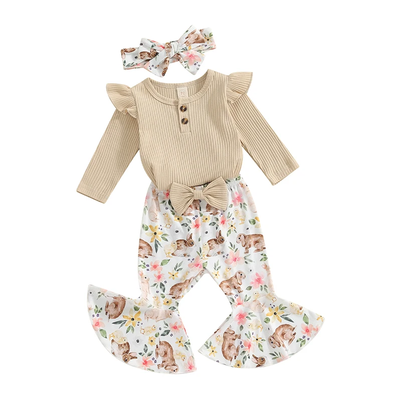 

Infant Baby Girl Easter 3Pcs Outfit Solid Ribbed Long Sleeve Romper with Flower Bunny Print Flare Pants and Headband