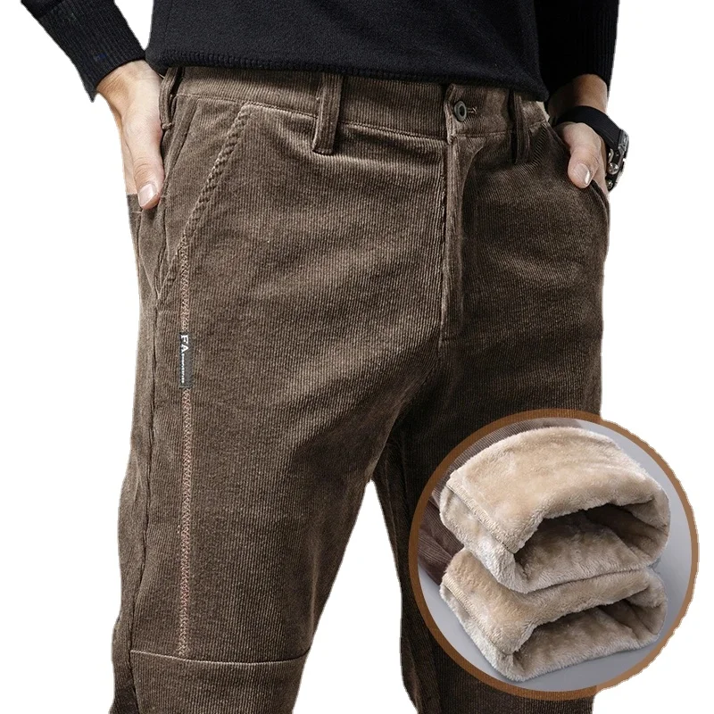 

Winter Warm Corduroy Pants Men Stretch Thick Elastic Waist Fluff Pant Korean Classic Brown Trousers Male Brand Clothing