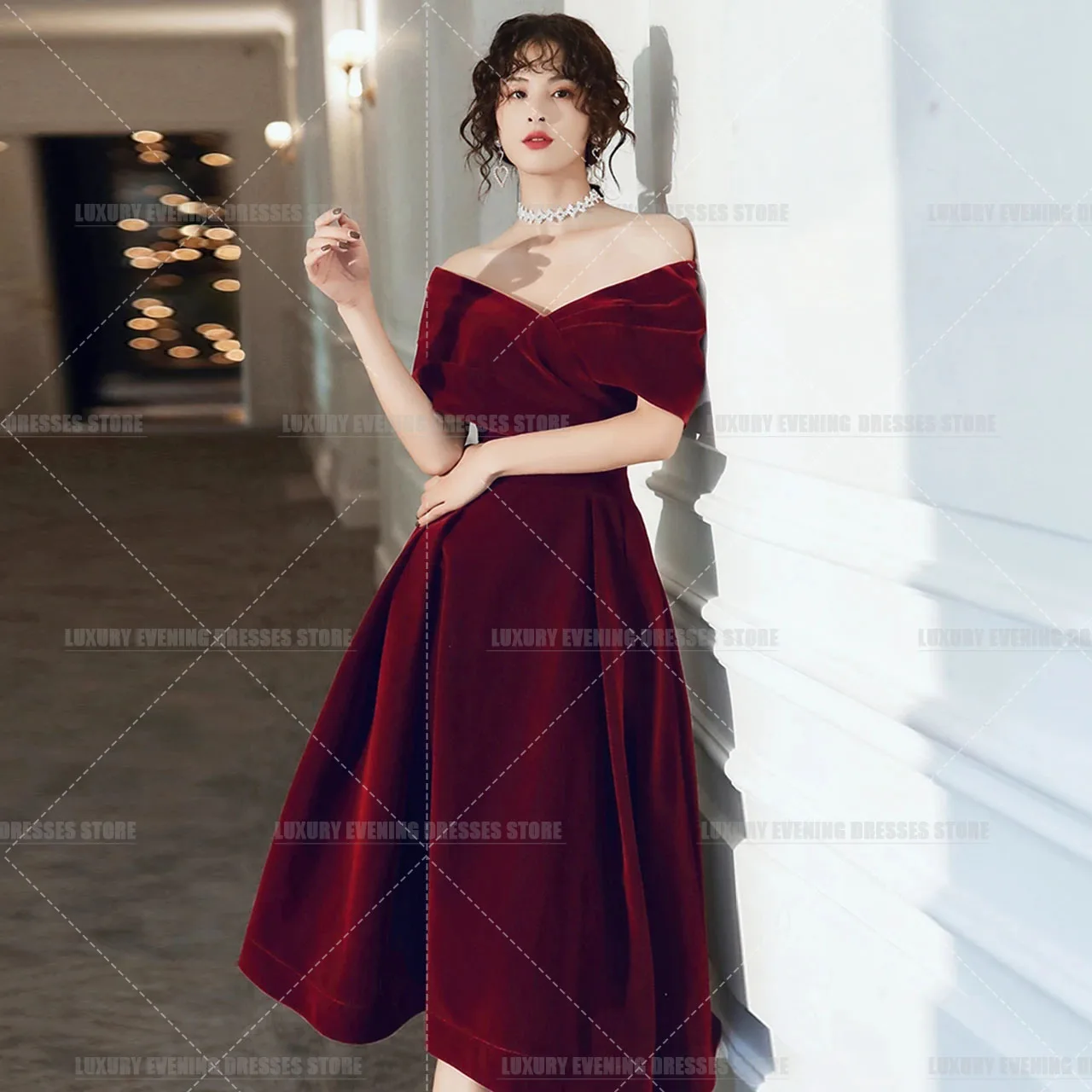 

Luxury Tea Length Red Evening Dresses Woman's Sexy Off The Shoulder Formal Elegant Party Prom Gowns Vestidos