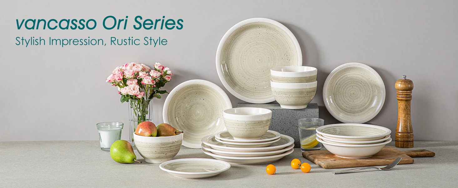 vancasso 16/32-teiliges Keramik-Teller-Set, handbemaltes Steinzeug-Geschirr-Set mit 4 Speiseteller/Dessert/Suppe/Schüssel für 4 Stück – Detail 1
