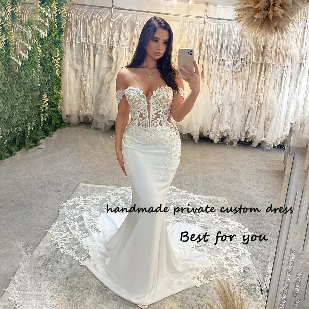 Mermaid Wedding Dresses Off Shoulder Sweetheart Beach Bride Dress Lace Appliques Satin Bohemian Wedding Gowns with Train