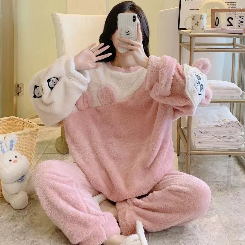 

M-4XL Winter Coral Fleece Pajama Sets Women Sweet Cute Sleepwear Round Neck Long Sleeve Warm Thick Casual Home Clothes