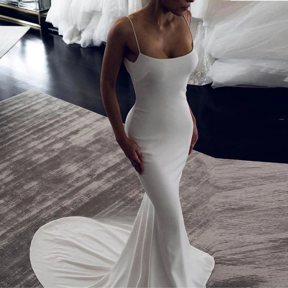 

Elegant Spaghetti Straps Mermaid Wedding Dresses For Brides 2023 Spandex Simple Open Back Sexy For Women Customize To Measures