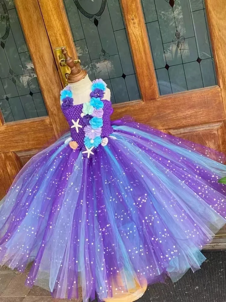 

Mermaid Tutu Dress Purple Flower Cosplay Mermaid Birthday Dress Ocean Themed Party Costumes Purple Turquoise Mermaid Dresses