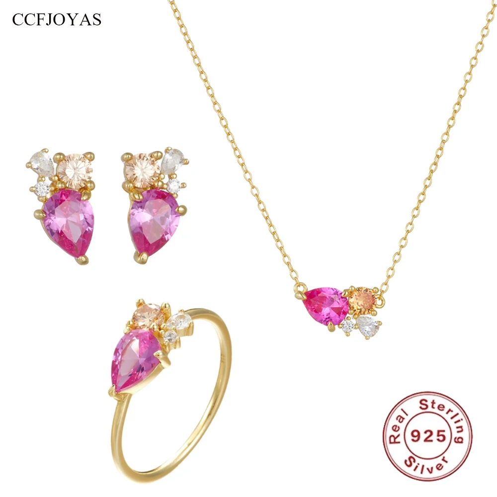 

CCFJOYAS 100% 925 Sterling Silver Geometric Water Drop Colorful Zircon Necklace/Earrings/Ring Set for Women Wedding Jewelry Set