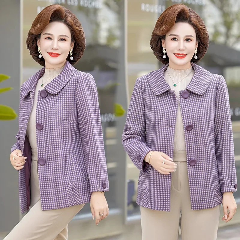 2023 New Mom Autumn Winter Slim Fit Plaid Coat Fashionable and Westernized Middle and Old Age Women's Short Fabric Women's Top