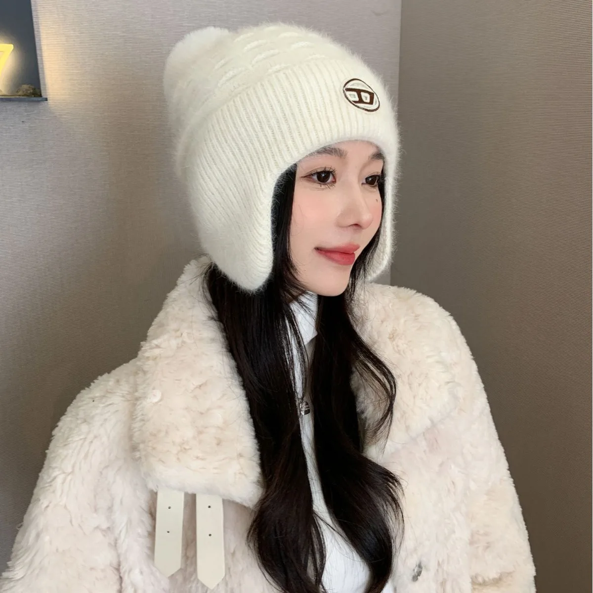 Winter Knit Wool Ear Protection Hats for Women Warm Thicken Plush Lining Beanie Cap with Earflap Outdoor Female Earmuff Hats 4