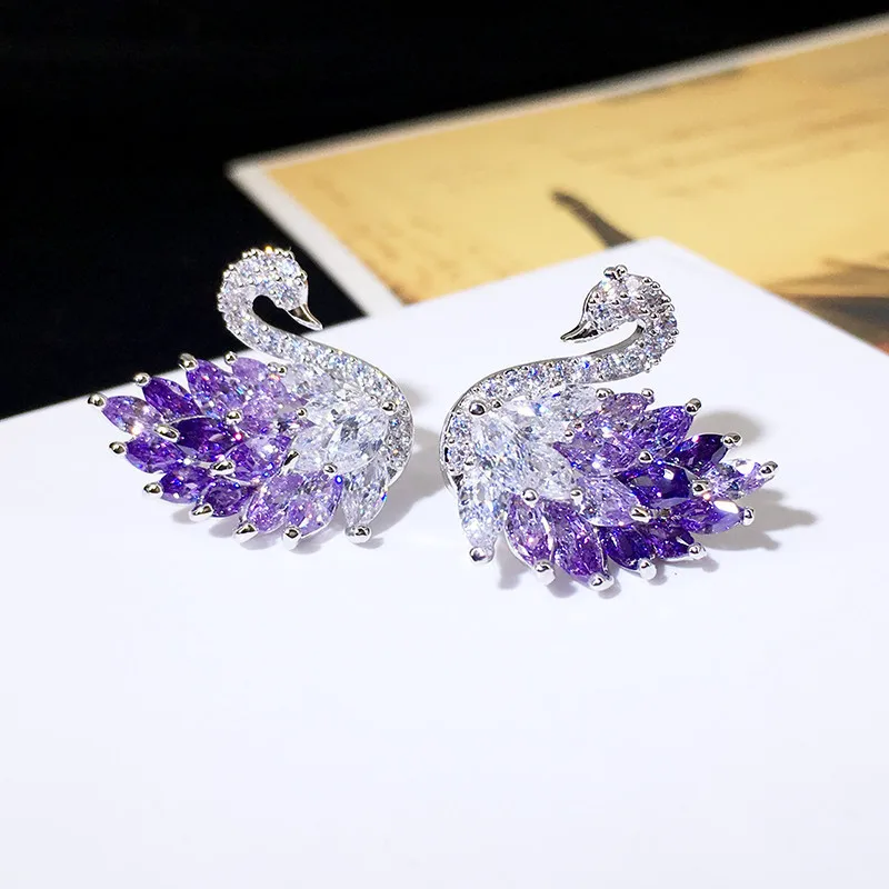 

S3301 Fashion Jewelry S925 Needle Stud Earrings For Women Crystal Zircon Purple Black Swan Earrings