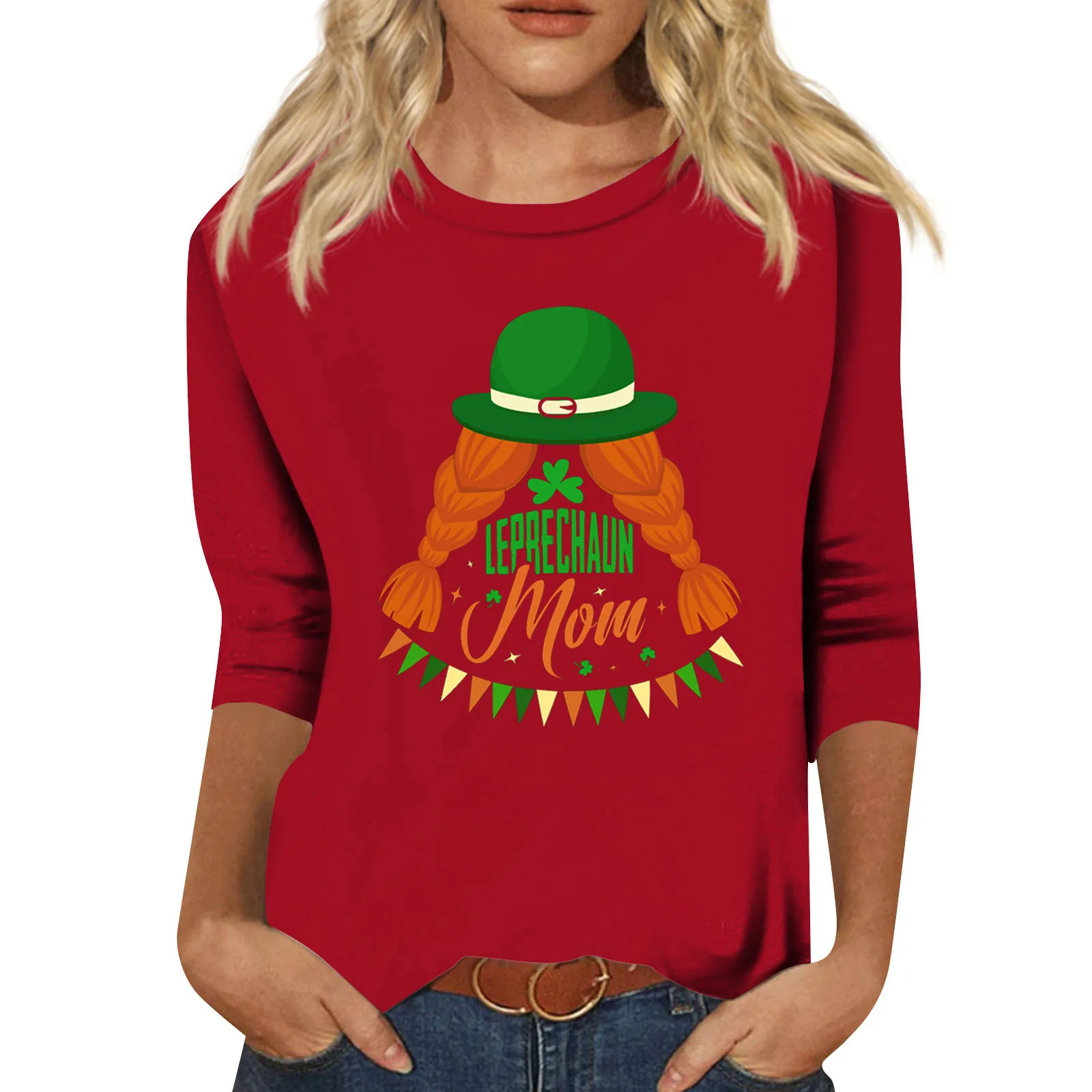Moda Damska Casual St. Patrick'S Day Z Nadrukiem Rękaw 7/8 Koszula Z Okrągłym Dekoltem Kobiet Modna Bluzka 2023 T Shirt Damski Y2K