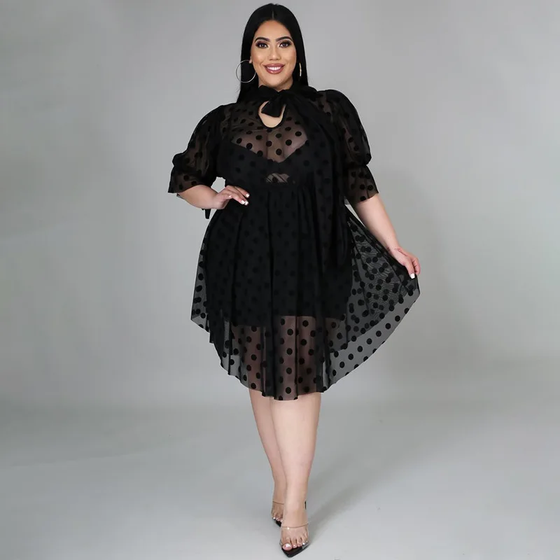 

WUHE Dot Mesh Sheer Club Dress Plus Size Women Black Ruffles Sexy Bodycon Dress See-through Night Party Dresses Vestido De Festa