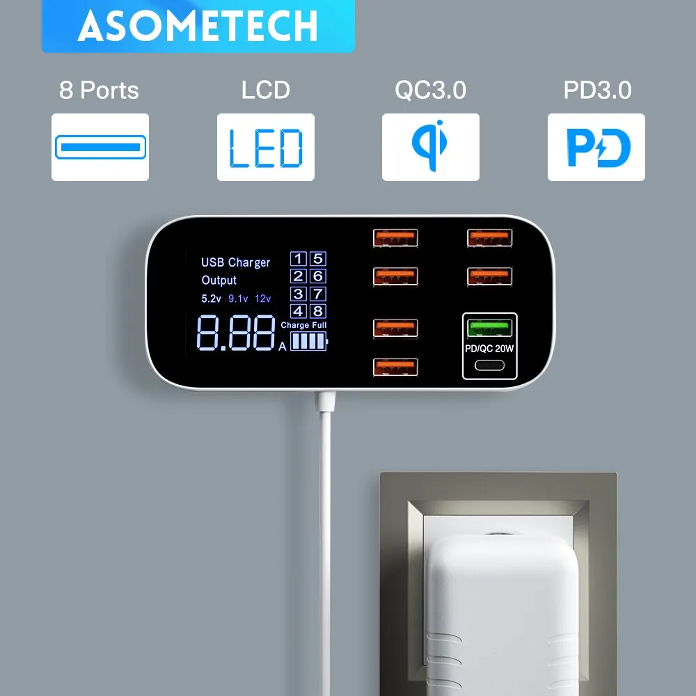  ASOMETECH 8 Port Desktop USB Charger Station With LED Display QC3.0 PD3.0 Fast USB Charging For iPhone 14 13 Pro Xiaomi 
