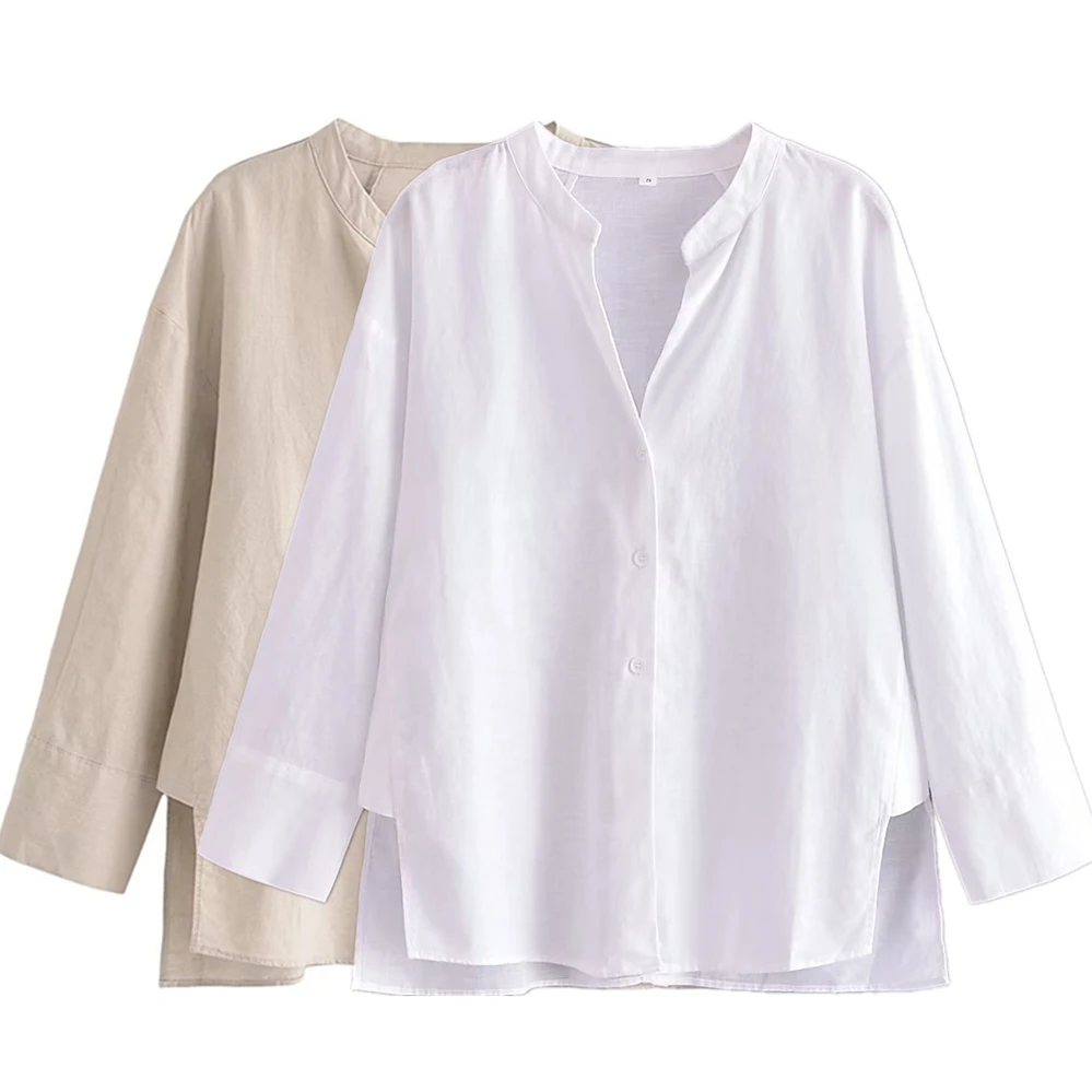 

Elmsk 2023 Summer French Style Retro Country Simple V-Neck Cotton Linen Shirt Women Solid Color Blouse Tops