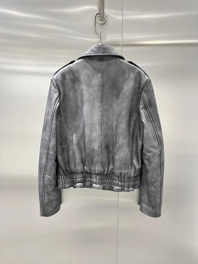 Runway Designer Women Vintage Real Cowhide Jacket Motorycle Biker Genuine Leather Coat Luxury Autumn Winter Natural Leather Coat