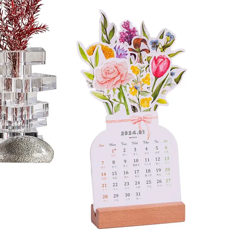 

Flowers Desk Calenda 2024 Bloomy Flowers Desk Calendar removable Vase Shaped Flower Calendar With Wood Base Tabletop Calendars