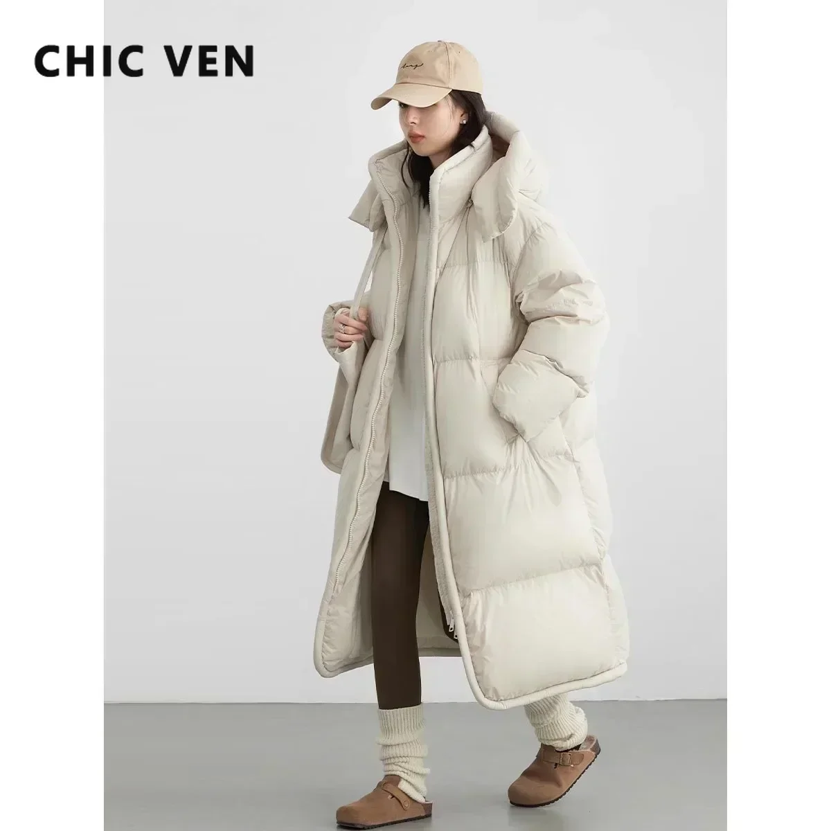 Women's Down Jacket CHIC VEN Long Down Coats Hooked Loose Solid Thick Soft Warm Female Overcoat Autumn Winter