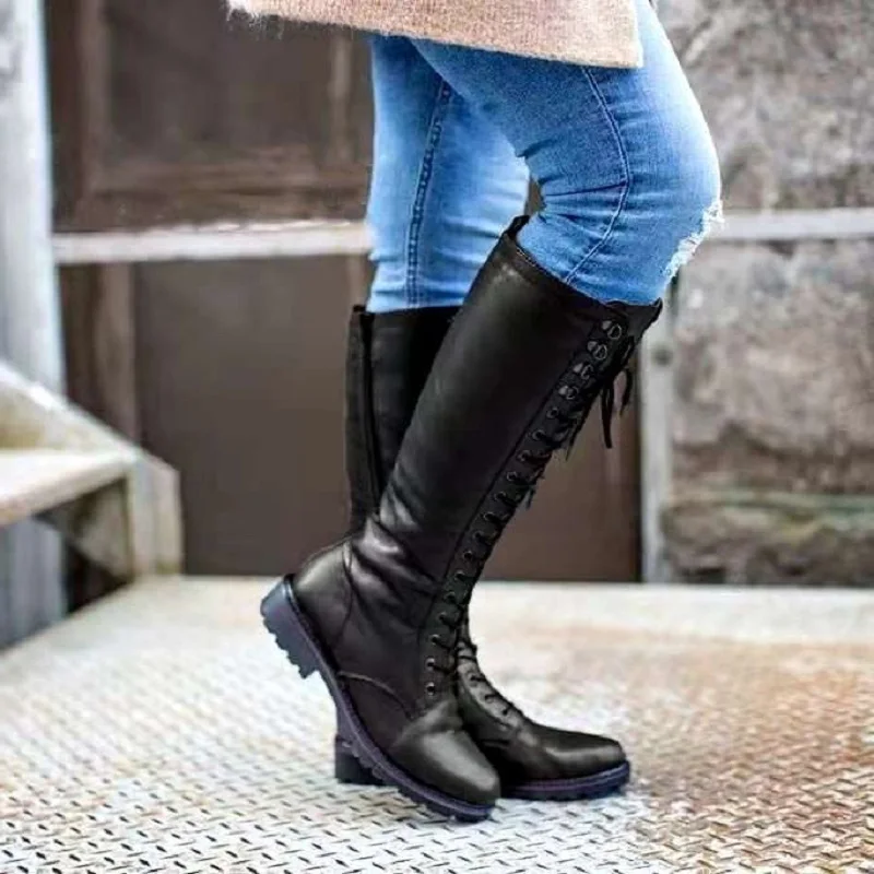 Knights Women's Boots Flat Bottomed Boots Winter New Round Head Side Zipper Large Square Heel Long Leg High Tube