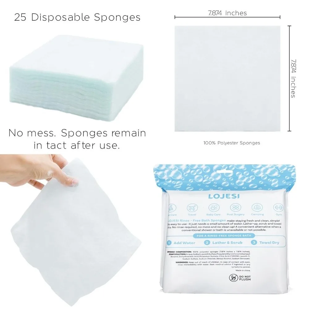 25개입 무세척 일회용 목욕 물티슈 20x20cm 비누 샴푸 함유 목욕 스폰지 무세척 목욕 물티슈 성인용