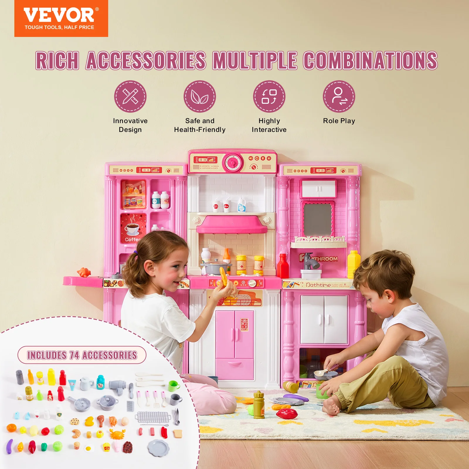 VEVOR Kitchen Cooking Toys for Kids 74 PCS  Chef Playset with Sounds & Lights Ages 3+ Children's Play House Toddlers Kitchenware 2