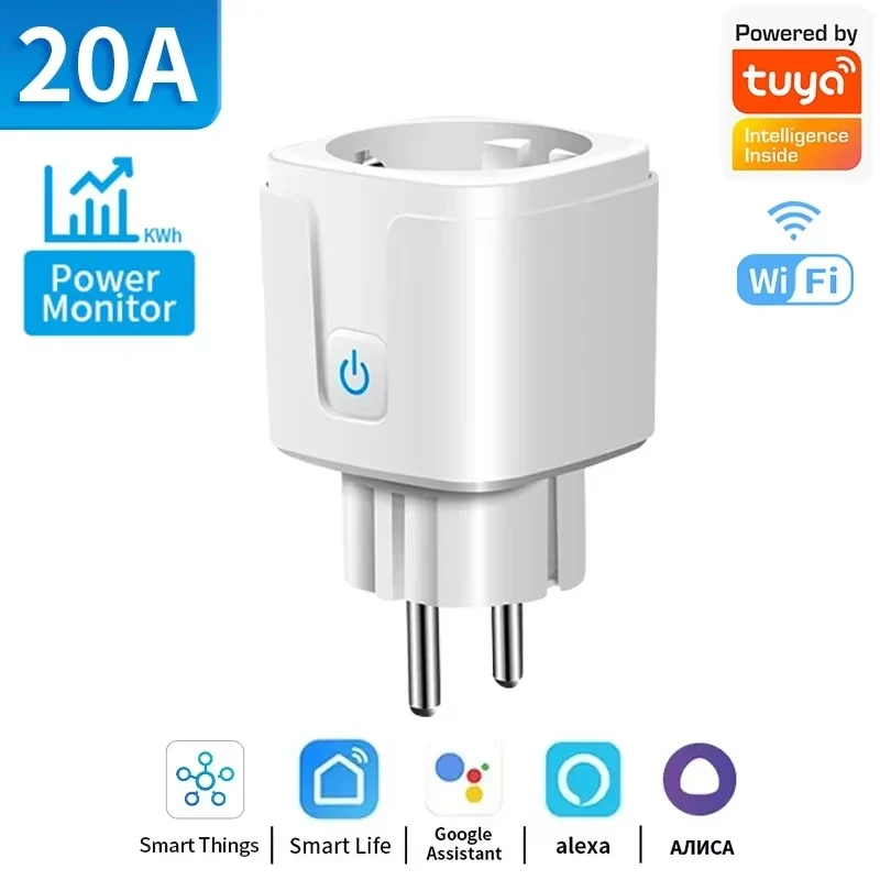 Inteligentna wtyczka Tuya Smart EU WiFi 20A z pomiarem energii, timerem, blokadą dla dzieci, kompatybilna z Google Home, Alice, SmartThings i Alexa.