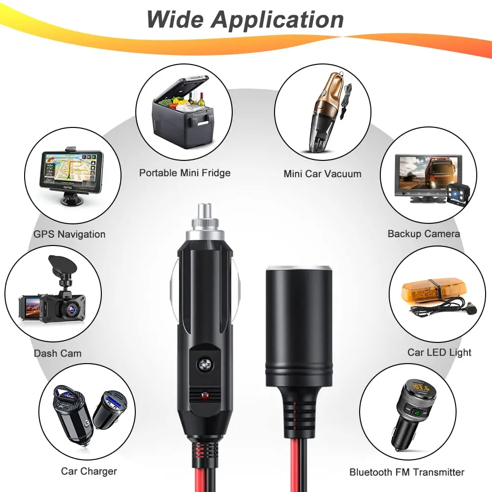 Extractme 16AWG 1 to 4 Car Cigarette Lighter Splitter Adapter Power Charger Port 12V/24V Cigarette Lighter Extension Cord Cable 6