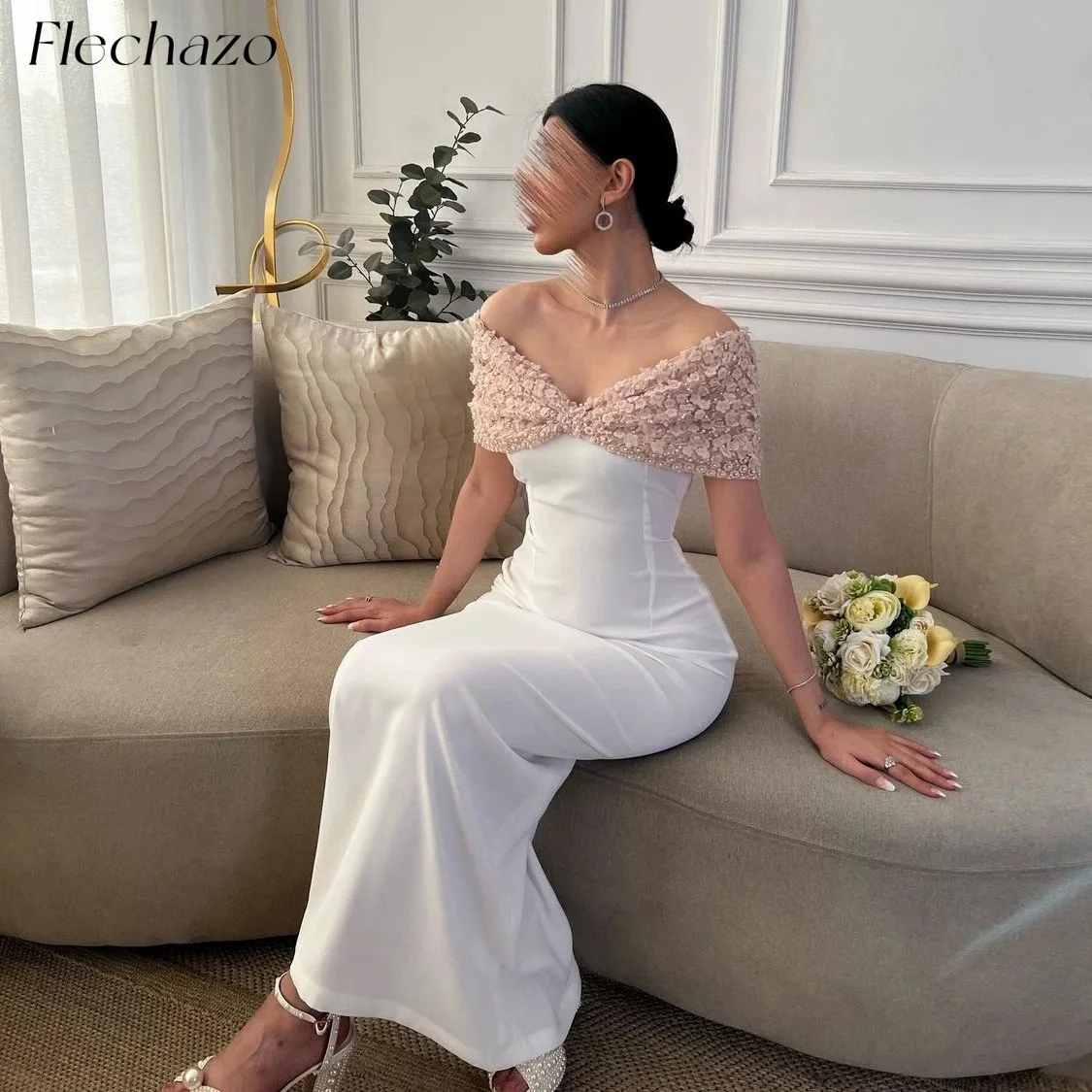 

Flechazo White Evening Dresses Off The Shoulder Sleeveless Flower Pleated Lace Ankle-Length Backless Women Formal Party Dress