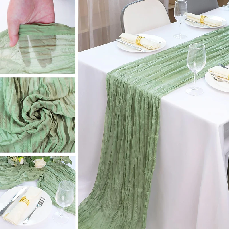 Runner Da Tavola In Garza Verde Salvia - 90x300 Cm, Per Eventi E Matrimoni