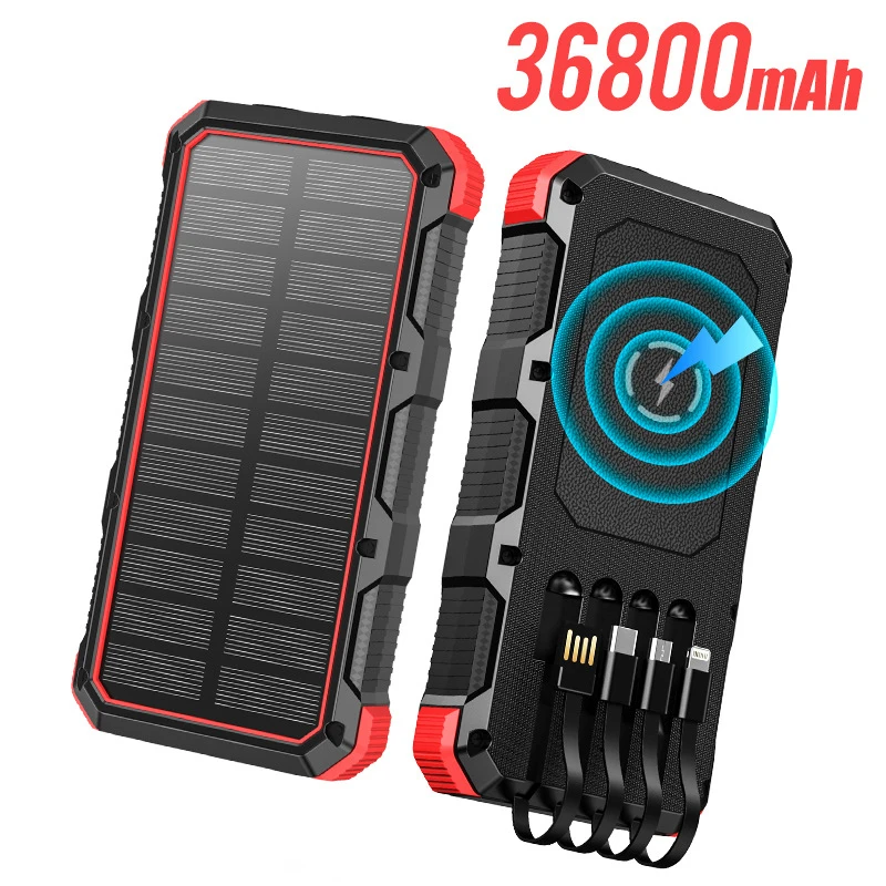 

36800mAh Solar Power Bank with 4 Cables LED Light Fast Qi Wireless Charger Powerbank for iPhone 14 Samsung S22 Xiaomi Poverbank