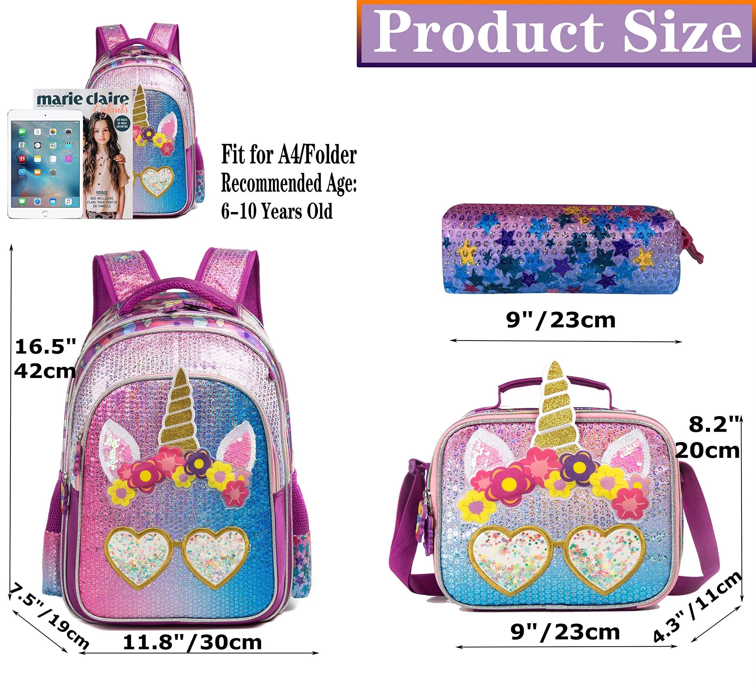 Keeli Kids Unicorn Lunch Box & Backpack School Set Preschool Kindergarten  Toddler Girls Pink Rainbow