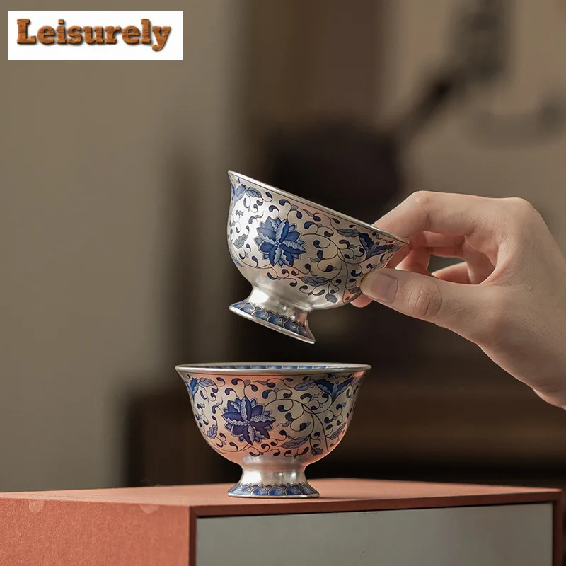 Gilt Silver Twisted Lotus Round Foot Teacup Traditional Tea Bowl Mug Tea-tasting Smelling Cup Jianzhan Master Cups Cha Set Gift