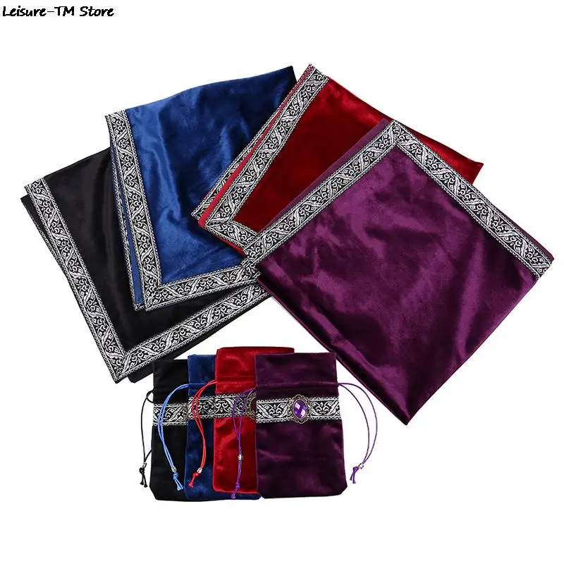 

2PCS/Lot Velvet Tarot Tablecloth With Bags Flocking Fabric Beautiful Stone Tarot Board Game Accessories By Hand