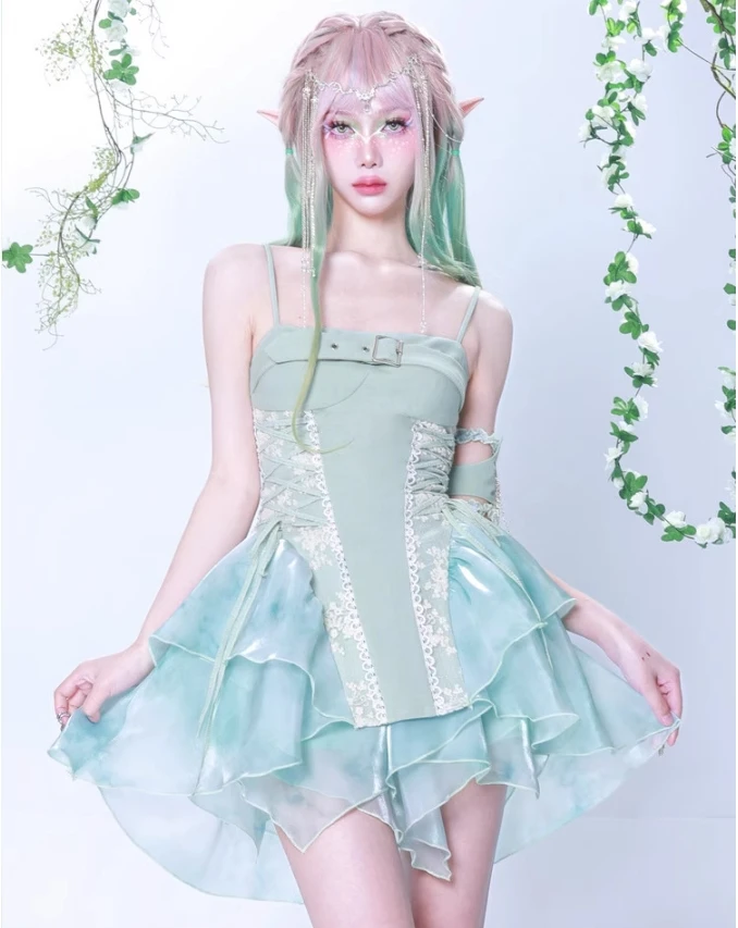 

Женское платье без рукавов, зеленое платье-комбинация с оборками и поясом-кушаком, лето 2019