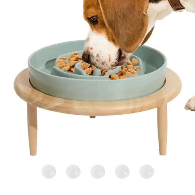 Dog Slow Feeder Bowl Anti Slip Ceramic Dog Feeding Bowl with Wood Elevated Base Feeding Supplies Slow Feeder Dishwasher Safe