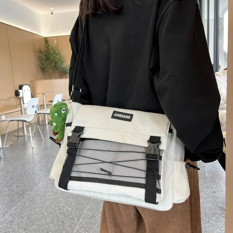 Harajuku Teenagers Nylon Crossbody Bag with Meshes Pouch, School Campus Student Shoulder Bag, Stylish Multi Pocket Messenger Bag