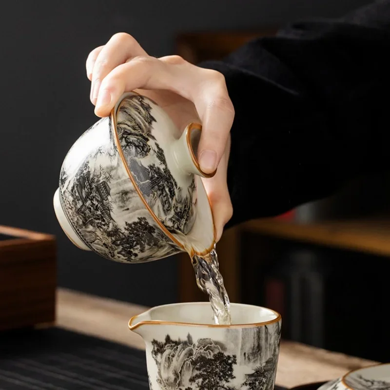 170ML Ru Kiln Landscape Porcelain Gaiwan Set For Tea Tureen Teaware Cup Chinese Yellow Ceramic Opening Tea Bowls Ceremony