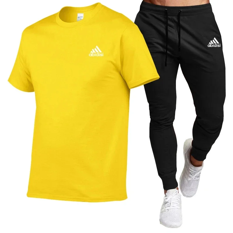 2024 Summer fashion comfort men's suit Cotton T-shirt short-sleeved top + black slacks 2-piece casual sportswear