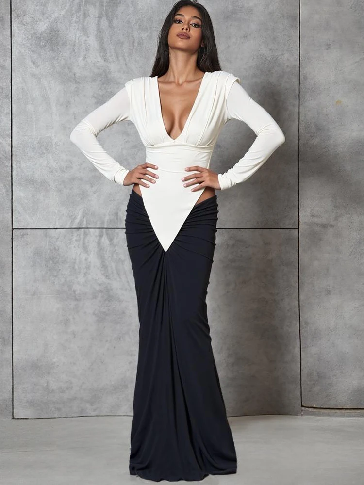 Nibber Color Blocking Maxi Dress Waistless Women v-Neck Patchwork Folds Peach Buttocks Full Sleeve Elegant Banquet Chic Vestidos