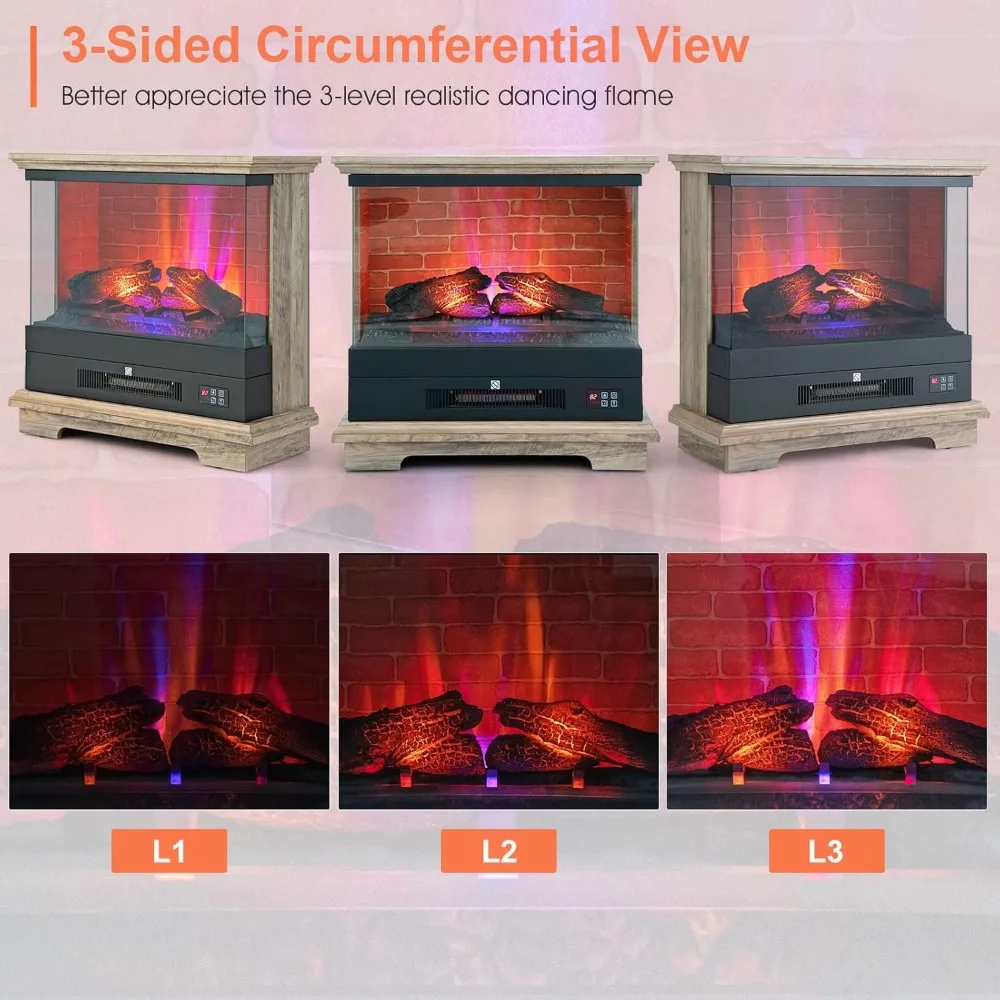 27 Inch Freestanding Fireplace,1400W Electric Fireplace Heater w/3-Level Vivid Flame & Thermostat Control,0.5-6H Timing Function 3
