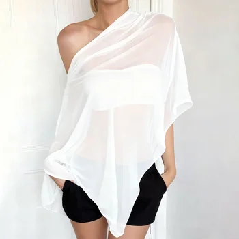 Women Coquette Sexy Sheer Poncho Shawl Asymmetrical Off Shoulder Mesh Flowy Tops Beach Vacation Loose T-shirts Tees Cover-Ups 1