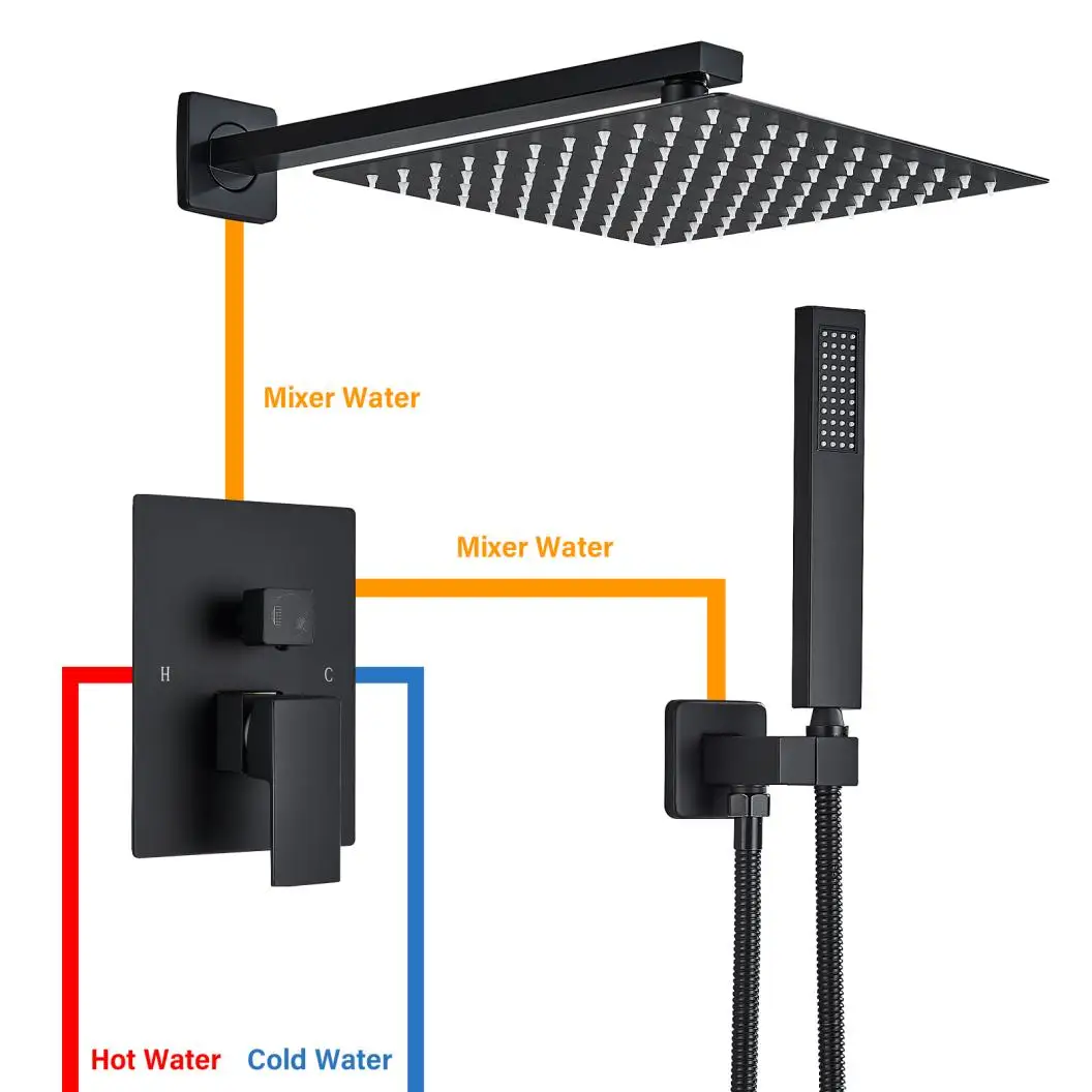 Wall Mount Bathroom Shower Faucet 8/10/12/16 Inch Rainfall Mixed Hot Cold Water Mixer Bathtub Tap Hand Sprayer