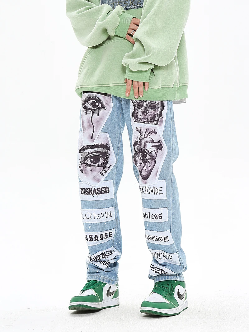 Fashion Skull Graffiti Patchwork Denim Jeans Mens Zipper Jeans Hip Hop Streetwear Casual Harajuku Straight Joggers Jeans Pants