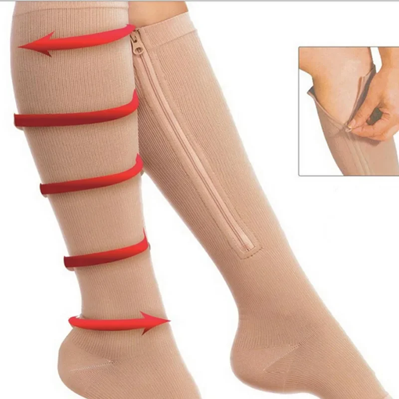 

Open Toe Knee Length Zipper Compression Stockings Women Slim Leg-Support Prevent Varicose Veins Unisex Long Socks