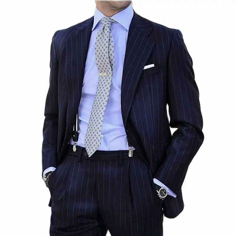 Latest Navy Blue Striped Suits for Men 2 Piece Slim Fit Formal Wedding Tuxedo Notched Lapel Striped Business Groom Male Suit