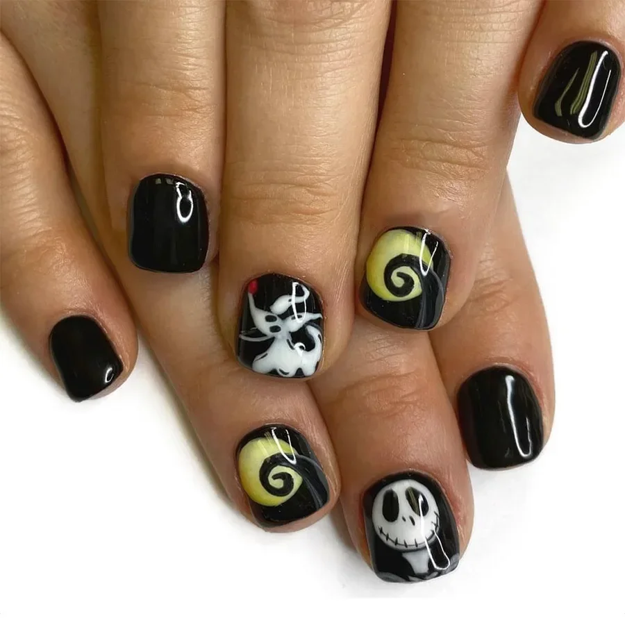 24Pcs Skull Press on Nail Halloween Short Square Cute Naughty